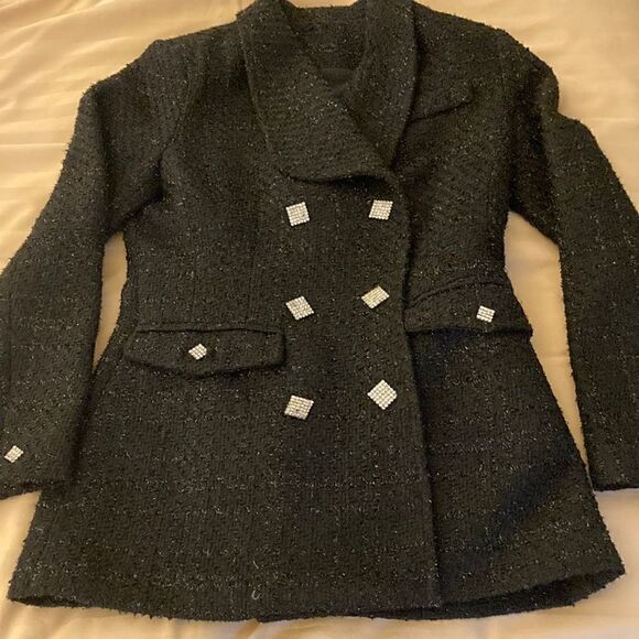 Black Boucle Blazer with Black Metallic Thread and Square Rhinestone Buttons. - Picture 1 of 10